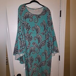 Teal stretch paisley bell sleeve dress